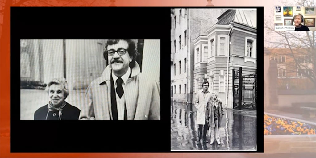 A screenshot from Professor Sarah Phillips Food for Thought presentation. The screenshot features two photographs of Kurt Vonnegut visiting the Soviet Union.